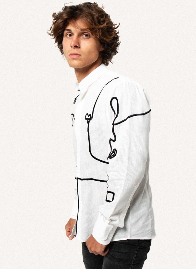 The Nejjar Linen and Cotton Shirt, Black Embroidery - Maison Les Énervés