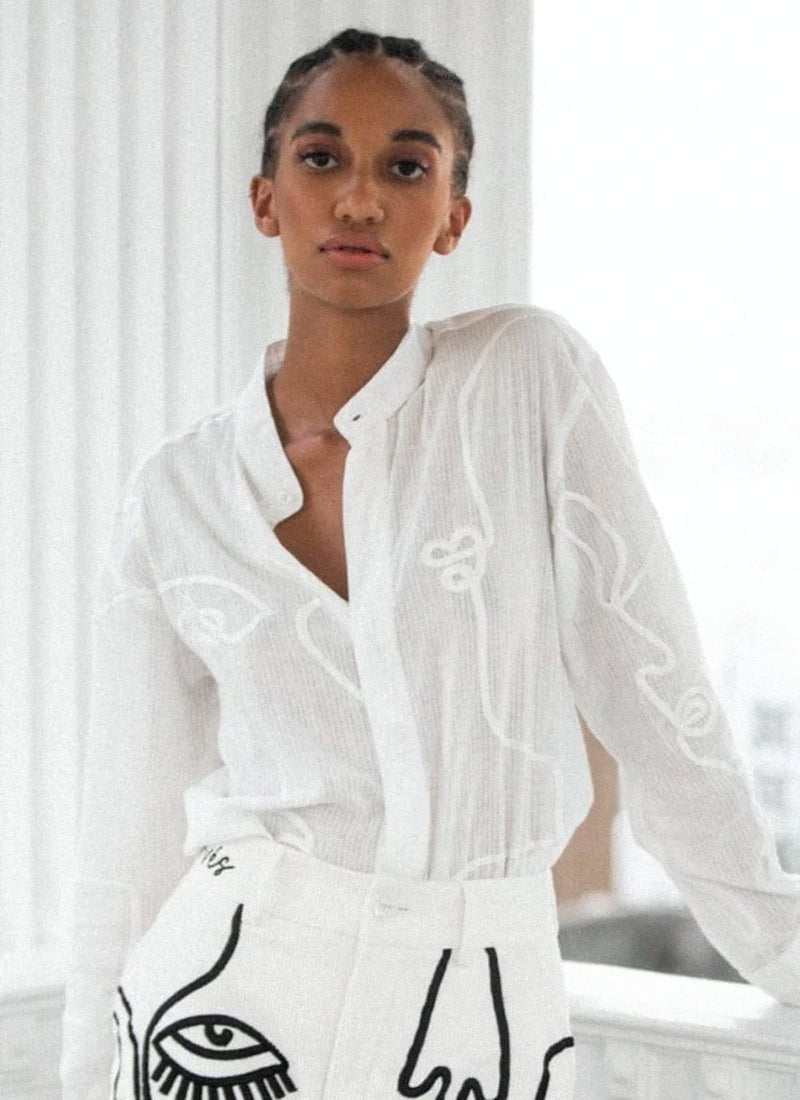 Linen and Cotton Nejjar Shirt - White Embroidery - .MAISON LES ÉNERVÉS | Prêt - à - porter | Official online store